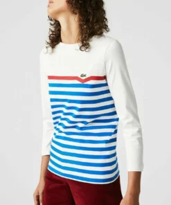 Lacoste T-shirt à Manches Longues - Blanc / Bleu / Rouge