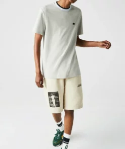 Lacoste T-shirt Basique - Blanc Beige Bleu Clair -Lacoste Soldes Magasin 772c152335f84e02b8257f2d32674637