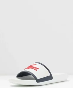 Lacoste CROCO SLIDE - Sandales De Bain - White/navy/red -Lacoste Soldes Magasin f7ca0d85799d4c84ab0a3d7339a8dbc7